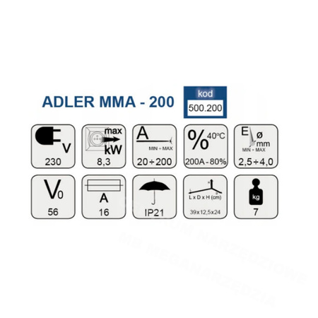 ADLER INWERTOROWA SPAWARKA MMA 200A ZESTAW