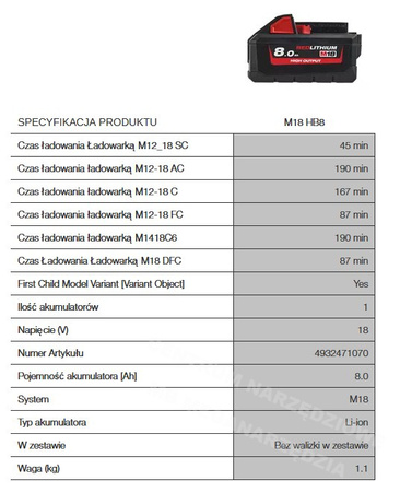 MILWAUKEE AKUMULATOR 18V 8,0Ah Li-Ion BATERIA