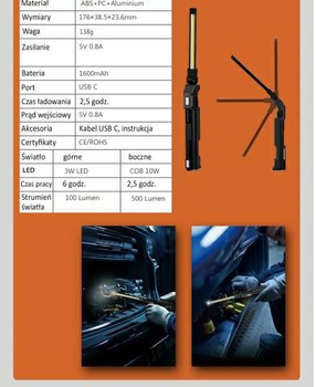 KT HC Latarka warsztatowa LED 500lm składana