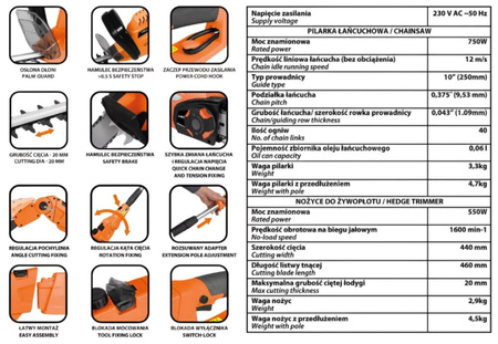 NEO TOOLS Urządzenie ogrodowe 2w1 piła do gałęzi i nożyce do żywopłotu na wysięgniku