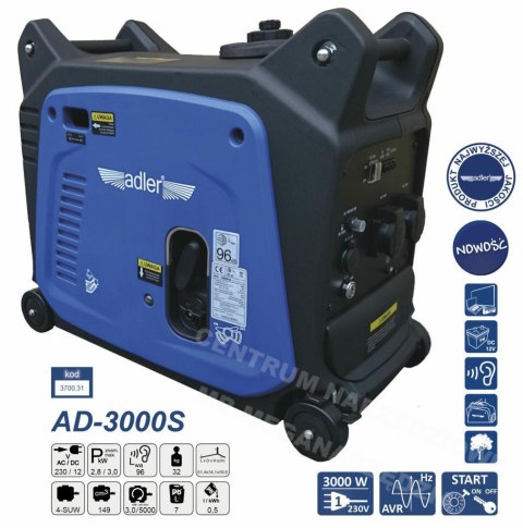 ADLER GENERATOR PRĄDOTWÓRCZY 3KW AD3000S INWENTOROWY ROZRUSZNIK ELEKTRYCZNY